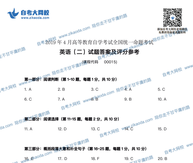 全国2019年10月自考00015英语（二）参考答案