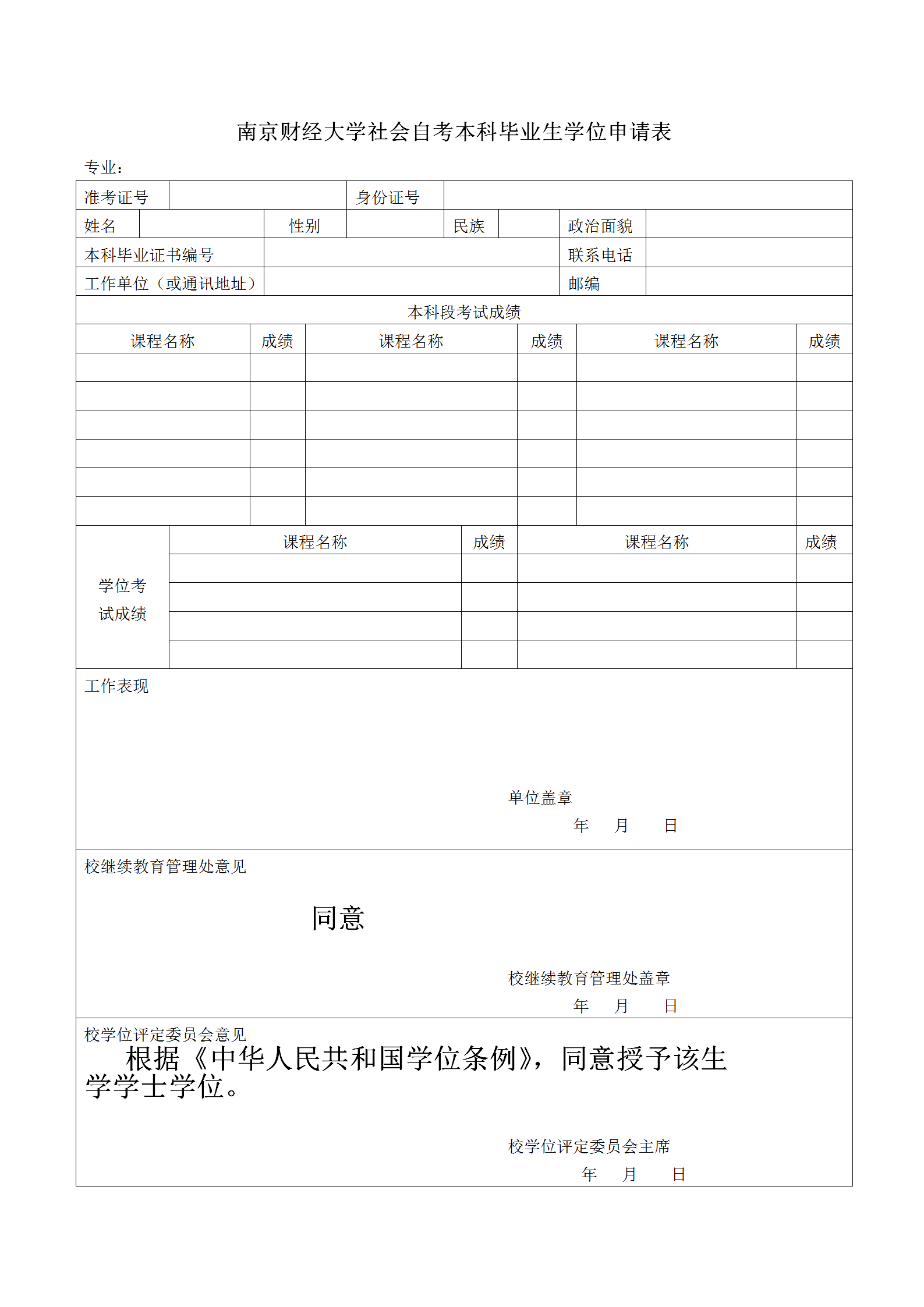 南京财经大学社会自考本科毕业生学位申请表