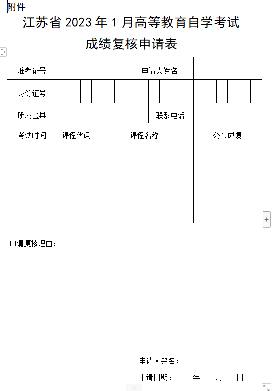 江苏省2023年1月高等教育自学考试成绩复核申请表.docx
