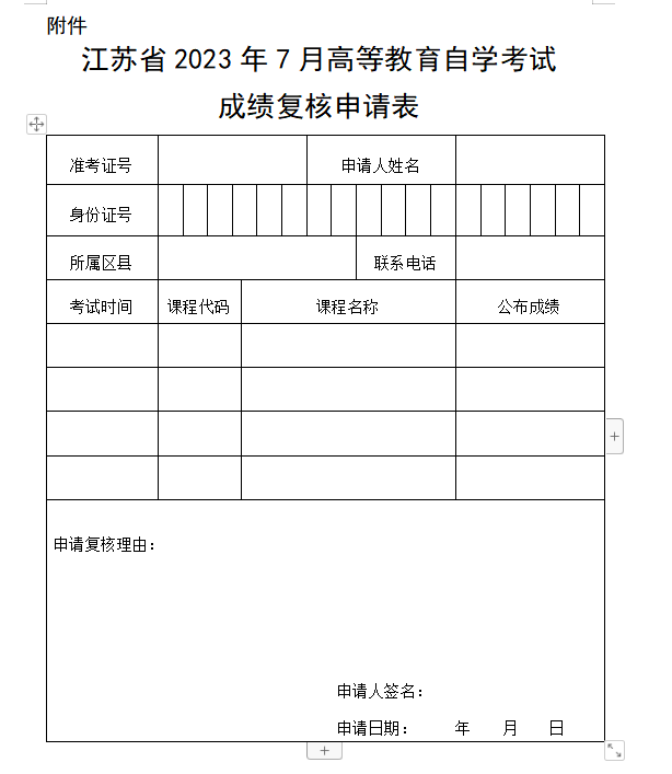 江苏省2023年7月自考成绩复核申请表